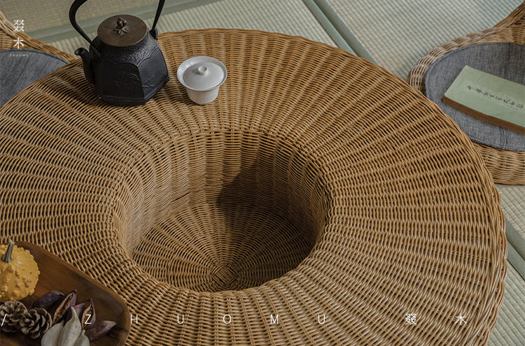 rattan tea set, rattan table and chairs, handwoven rattan furniture, round rattan table, bamboo tea table set, natural rattan decor, japanese tatami furniture, boho rattan furniture, artisan rattan set
