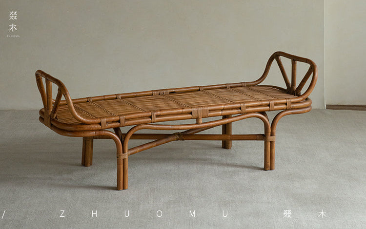 rattan daybed, rattan lounge bench, handwoven rattan furniture, bamboo daybed, double rattan chaise, artisan rattan furniture, natural rattan decor, wabi-sabi furniture, boho rattan bench