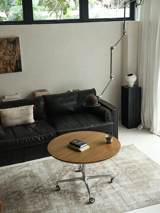 riku round table, adjustable wood table, solid wood modern furniture, japanese minimalist table, wabi sabi table, handcrafted table, piexlculpt studio, modern zen furniture, height adjustable table, multifunctional round desk