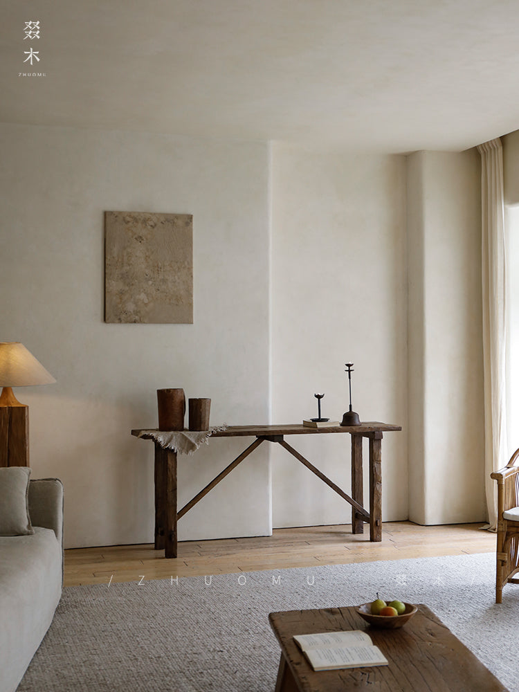 nami console table, long wood table, wabi sabi furniture, japanese minimalist furniture, solid wood entryway table, handcrafted long table, zen furniture, piexlculpt studio, rustic teak console, japanese style hallway table