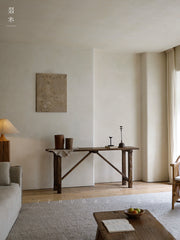 nami console table, long wood table, wabi sabi furniture, japanese minimalist furniture, solid wood entryway table, handcrafted long table, zen furniture, piexlculpt studio, rustic teak console, japanese style hallway table