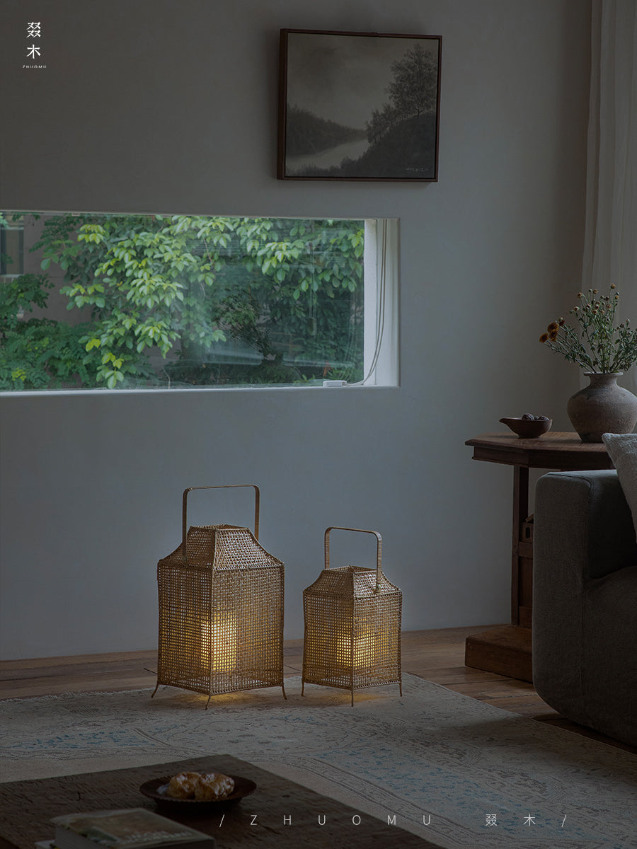 rattan lantern, wooden base lamp, handcrafted rattan light, wabi-sabi decor, natural rattan lighting, ambient table lamp, handmade home decor, rustic lantern, boho room lighting, artisan rattan lamp, minimalist home lamp, zen decor light, eco-friendly rattan lamp