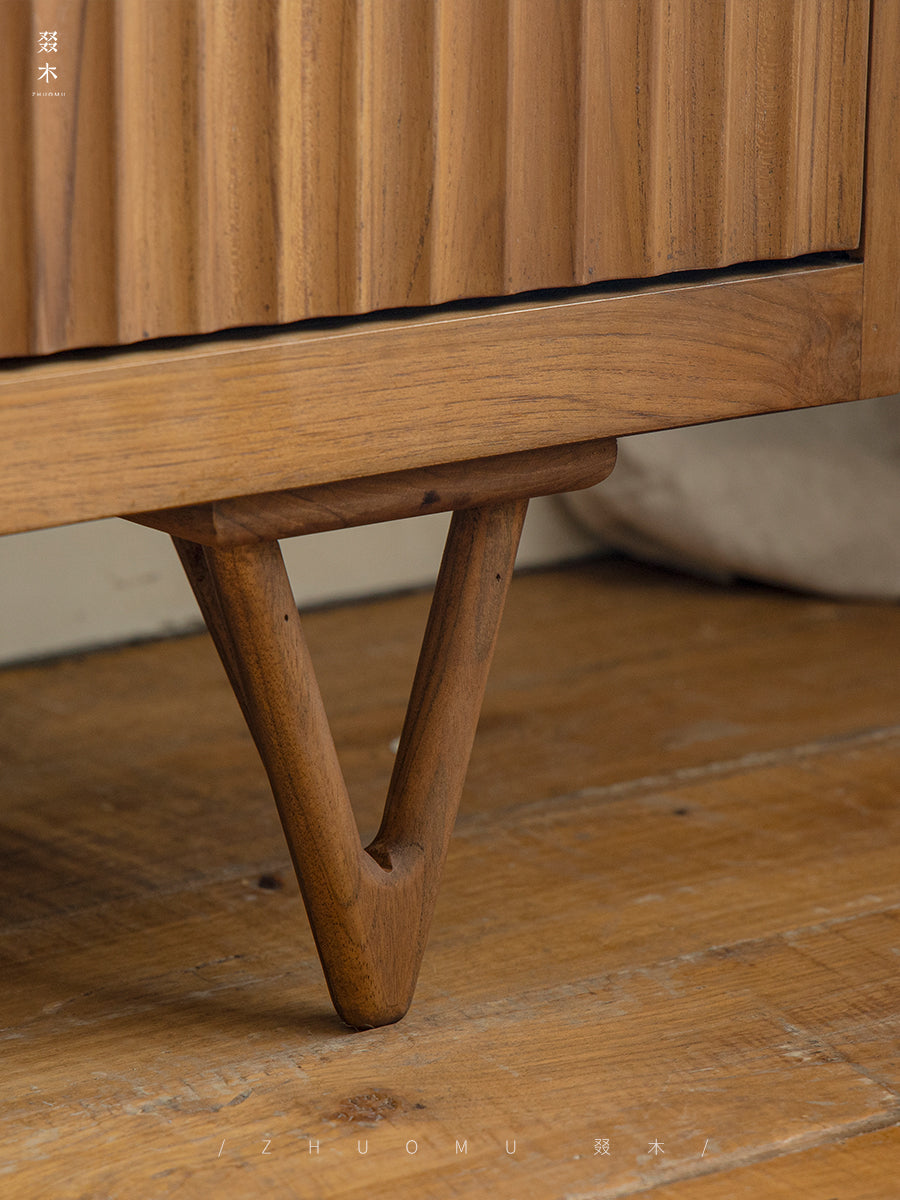 fluted wood cabinet, teak sideboard, handcrafted teak furniture, solid wood buffet, vertical groove cabinet, minimalist teak furniture, artisan wood furniture, wabi-sabi cabinet, boho teak sideboard, japanese scandi furniture
