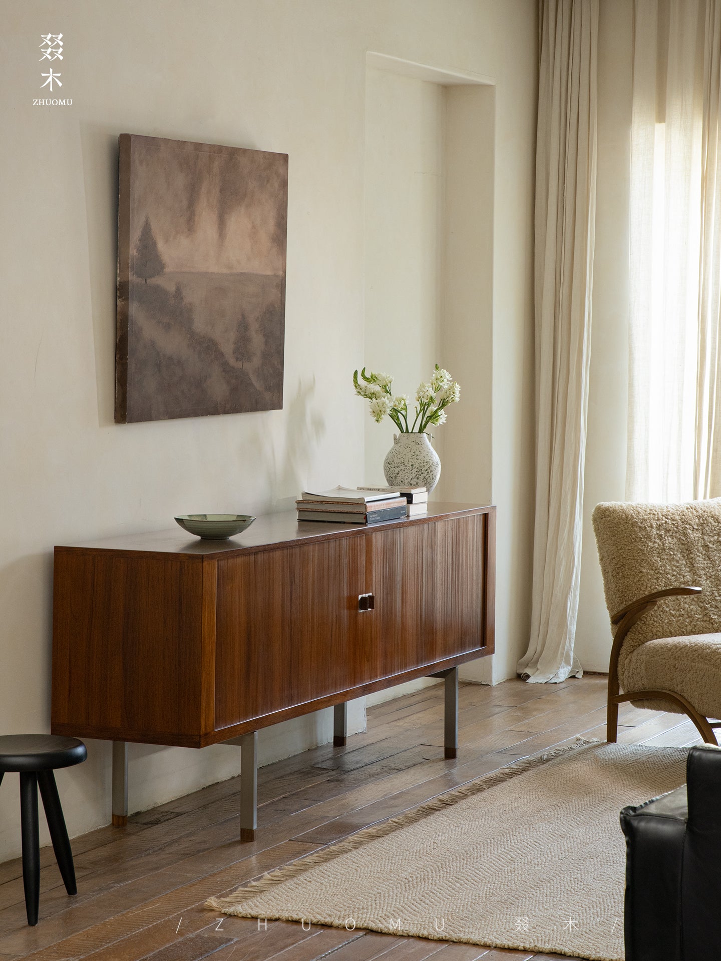 tambour sideboard, teak media console, mid century teak cabinet, teak sideboard, roll door cabinet, danish modern furniture, handcrafted wood furniture, teak buffet cabinet, piexl sculpt studio