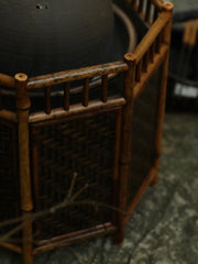 bamboo charcoal stove, tea brazier, tea heater, japanese tea stove, rattan bamboo fire pit, handcrafted tea tools, artisan tea warmer, wood engraving art, tea ceremony accessories, slow boil kettle base