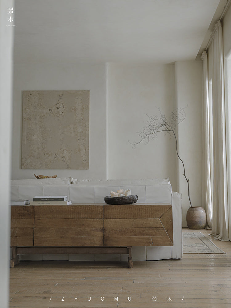 solid wood TV console, handcrafted media cabinet, minimalist TV stand, reclaimed wood furniture, artisan TV unit, japanese scandi furniture, wabi-sabi console, modern wood sideboard, low wood cabinet