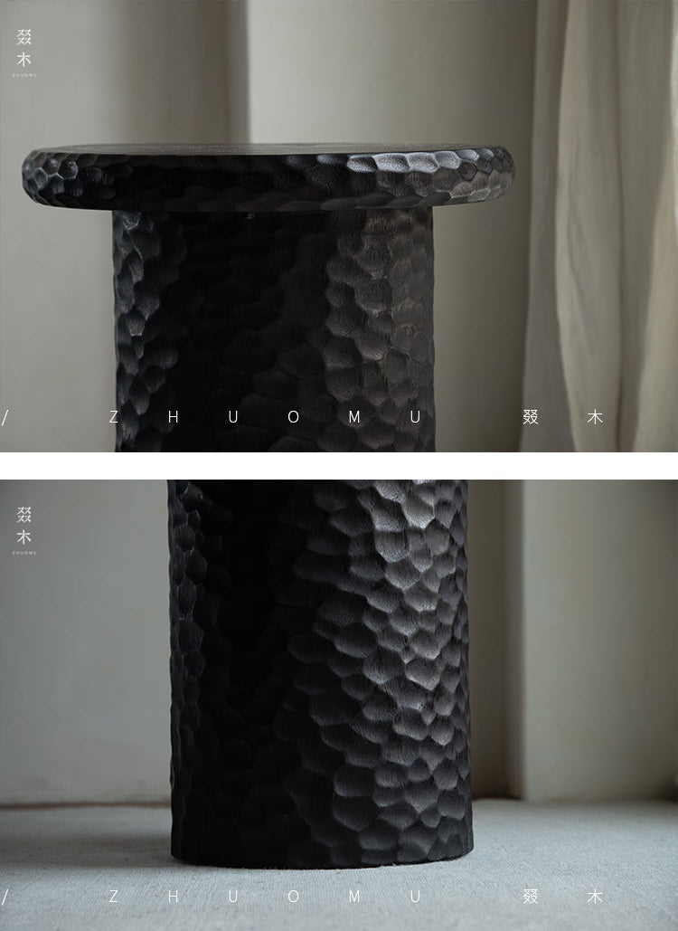 wood side table, solid wood accent table, hammered wood table, handmade wooden furniture, sculptural side table, rustic solid wood furniture, artisan carved table, textured wood decor, natural wood end table