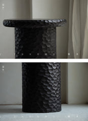 wood side table, solid wood accent table, hammered wood table, handmade wooden furniture, sculptural side table, rustic solid wood furniture, artisan carved table, textured wood decor, natural wood end table