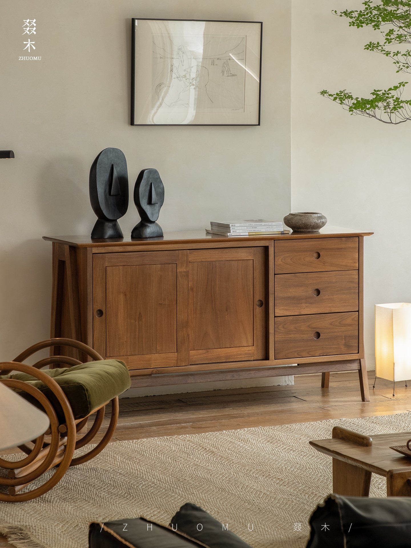 teak sideboard, sliding door buffet, solid wood cabinet, handcrafted teak furniture, minimalist dining storage, artisan wood furniture, wabi-sabi furniture, modern teak buffet, handmade solid wood sideboard