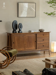 teak sideboard, sliding door buffet, solid wood cabinet, handcrafted teak furniture, minimalist dining storage, artisan wood furniture, wabi-sabi furniture, modern teak buffet, handmade solid wood sideboard