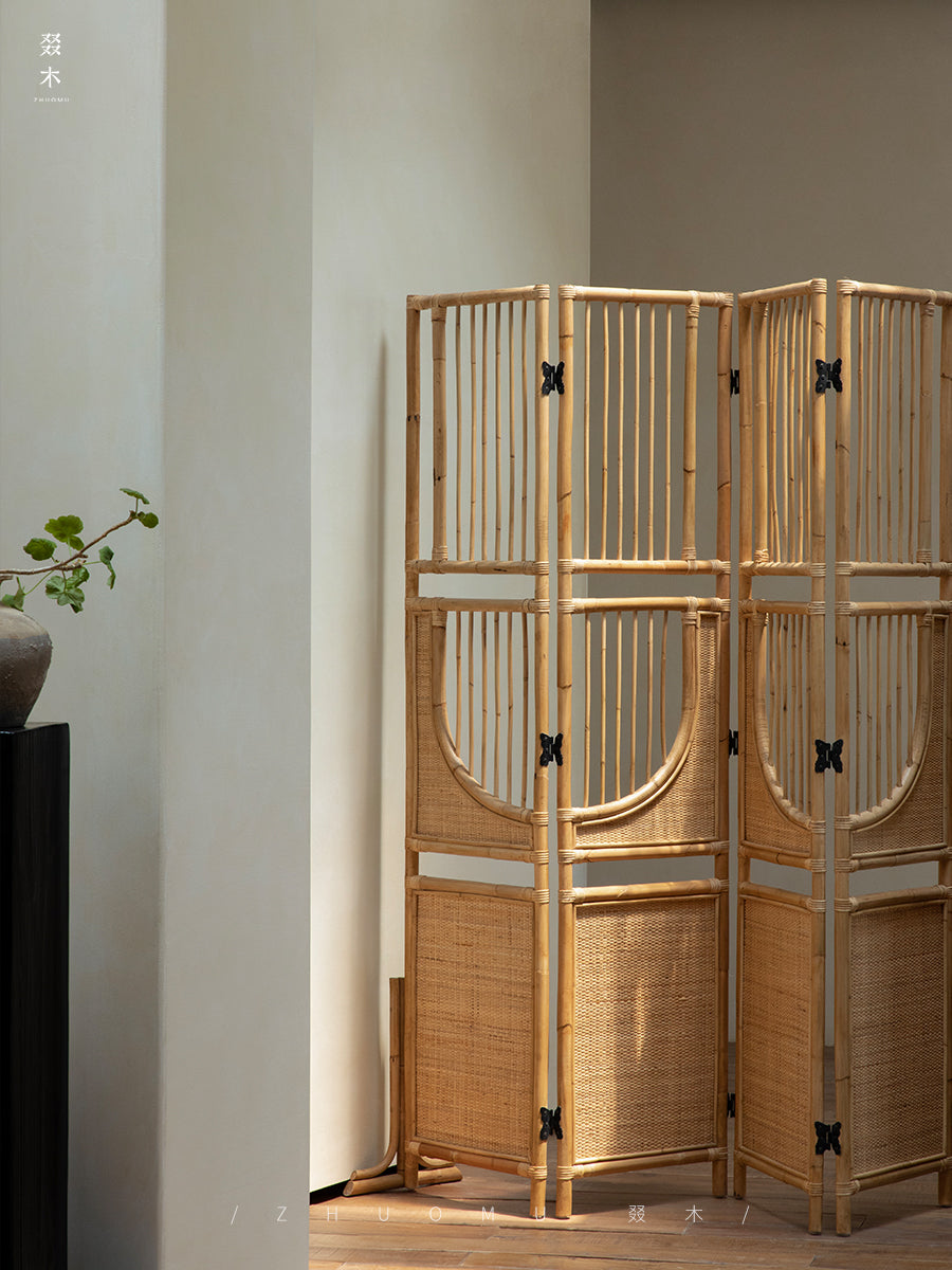 rattan room divider, rattan folding screen, natural partition, handwoven privacy screen, rattan furniture, open weave decor, bohemian interior design
