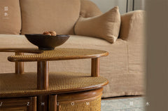 rattan tea table, rattan side table, rolling rattan cart, handwoven rattan furniture, vintage bamboo cart, natural rattan storage, bohemian furniture, artisan rattan table, living room tea cart, Japanese style rattan table