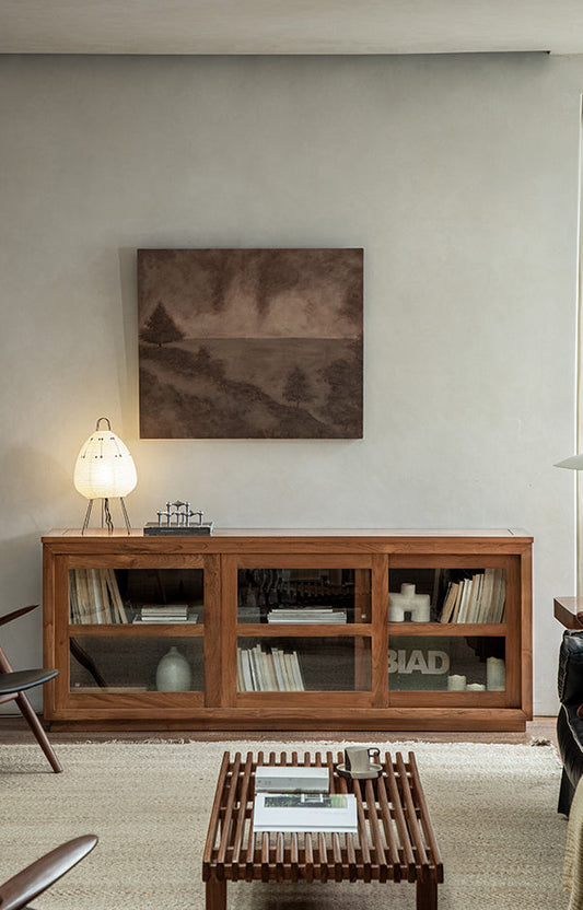 teak glass sideboard, sliding door cabinet, solid wood TV console, handcrafted teak furniture, minimalist teak buffet, artisan wood furniture, wabi-sabi furniture, boho teak cabinet, japanese scandi teak furniture