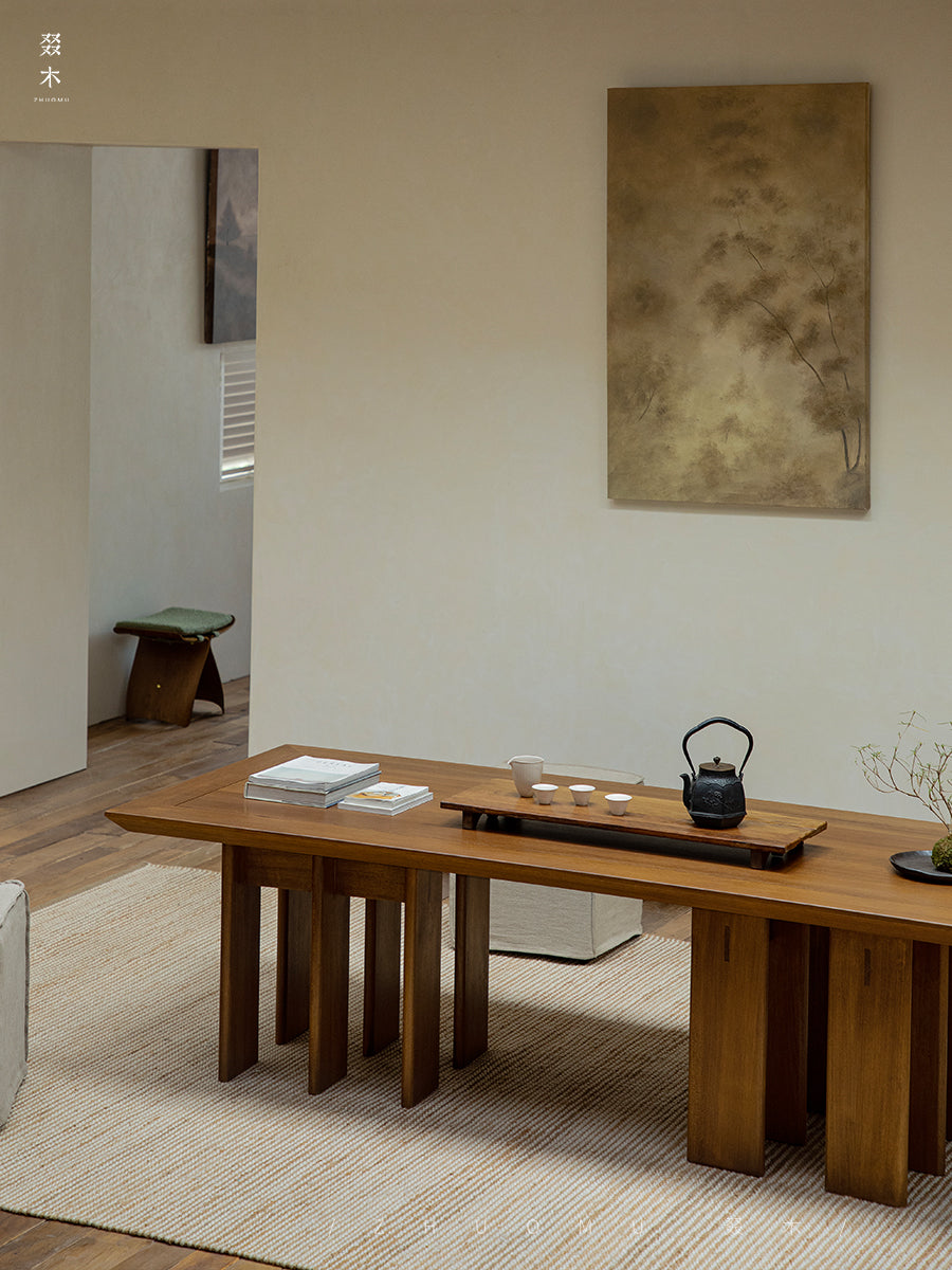 tsuba long table, solid wood conference table, japanese tea table, multi leg table, wabi sabi furniture, piexlculpt studio, handcrafted wood desk, sculptural furniture, minimalist oak table, zen design furniture