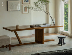 axis table, sculptural desk, solid wood desk, wood work table, modern minimalist furniture, handcrafted furniture, piexlculpt studio, wooden display table, long wooden table, wabi sabi furniture