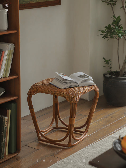 rattan side table, rattan end table, handwoven rattan stool, natural rattan furniture, minimalist rattan table, bamboo accent table, handmade rattan decor, boho rattan furniture, japanese wabi-sabi decor, artisan rattan stool
