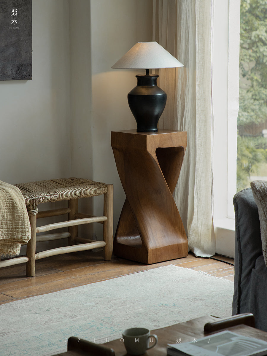 twist side table, sculptural wood stool, solid wood side table, carbon black furniture, wabi sabi furniture, minimalist furniture, piexlculpt studio, wooden pedestal table, organic design