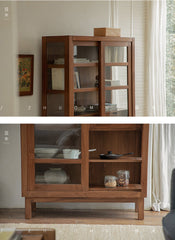 teak glass cabinet, solid wood display shelf, handcrafted teak furniture, glass door cabinet, artisan teak bookcase, minimalist wood furniture, wabi-sabi cabinet, boho wood storage, japanese scandi furniture