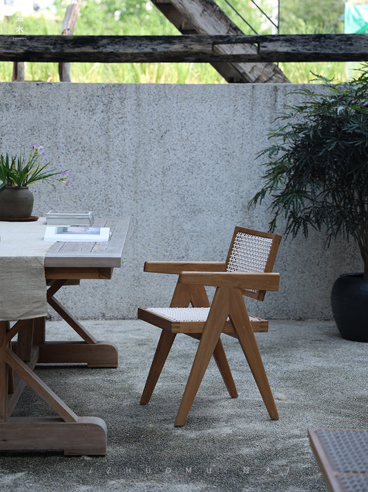 Chandigarh chair, rattan wood furniture, modernist wooden furniture, handwoven armchair, solid wood dining chair, minimalist home decor, mid-century design