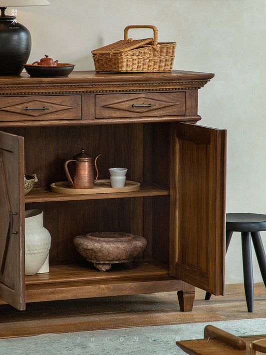 vintage teak cabinet, handcrafted solid wood console, antique style furniture, teak storage cabinet, artisan wood furniture, colonial style sideboard, wabi-sabi furniture, boho teak console, handmade teak cabinet