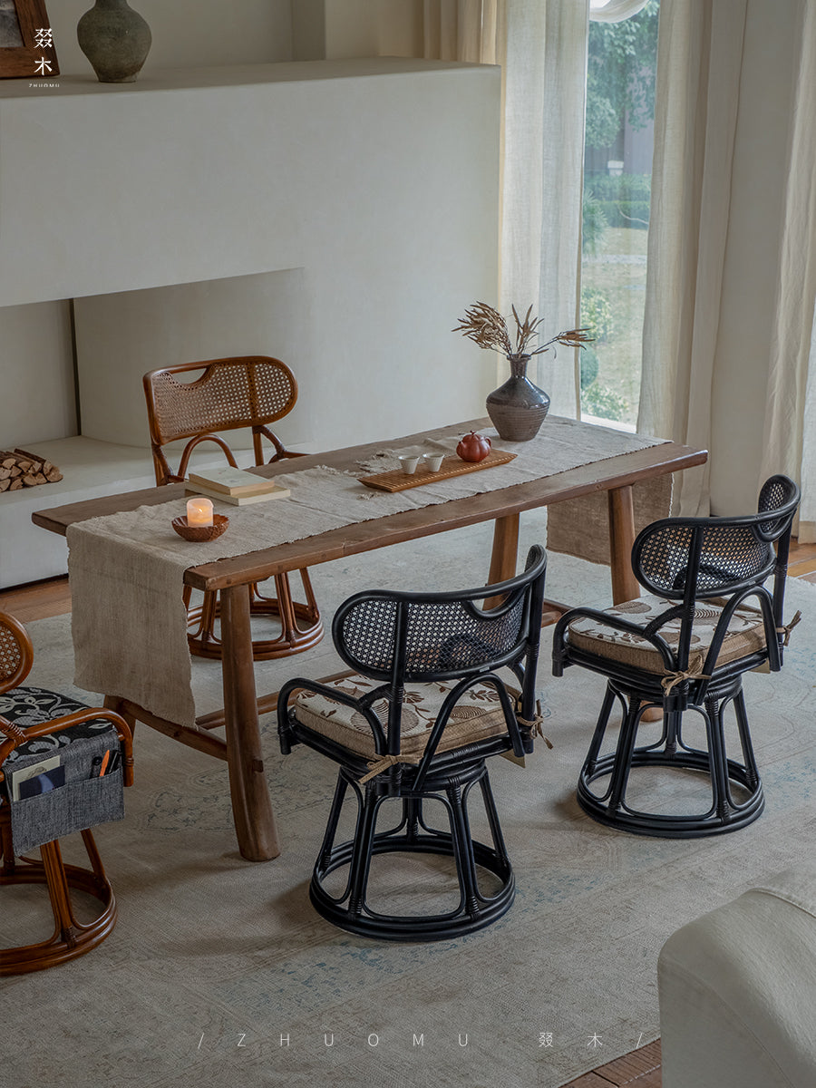 rattan swivel chair, handwoven rattan armchair, rotating rattan chair, vintage rattan seat, bamboo swivel chair, natural rattan furniture, handcrafted rattan lounge chair, tea room chair, dining rattan chair