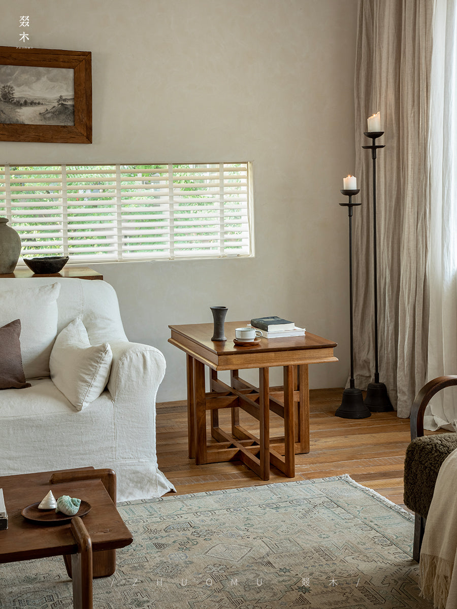 rin square table, solid teak table, wabi sabi furniture, japanese minimalist furniture, handcrafted wood accent table, piexlculpt studio, zen furniture, solid wood tea table, architectural side table, teak display table