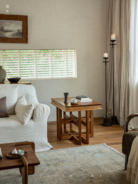 rin square table, solid teak table, wabi sabi furniture, japanese minimalist furniture, handcrafted wood accent table, piexlculpt studio, zen furniture, solid wood tea table, architectural side table, teak display table