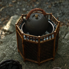 bamboo charcoal stove, tea brazier, tea heater, japanese tea stove, rattan bamboo fire pit, handcrafted tea tools, artisan tea warmer, wood engraving art, tea ceremony accessories, slow boil kettle base