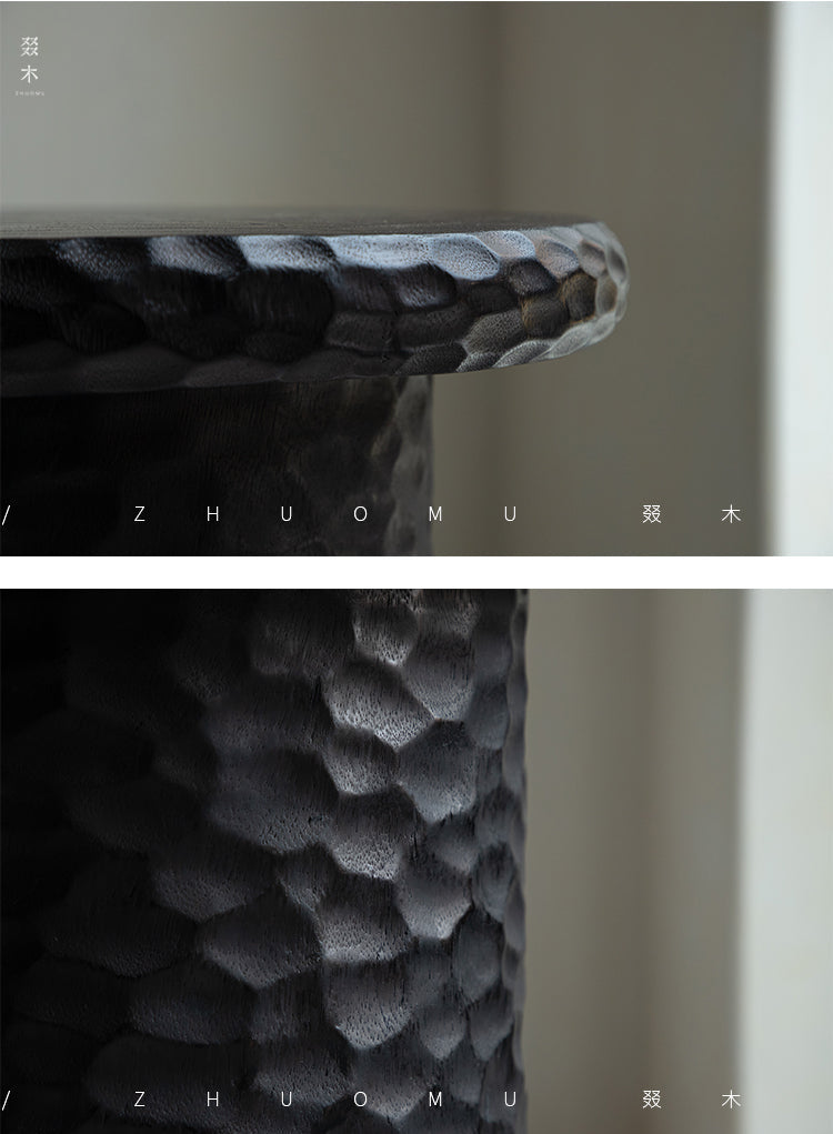 wood side table, solid wood accent table, hammered wood table, handmade wooden furniture, sculptural side table, rustic solid wood furniture, artisan carved table, textured wood decor, natural wood end table