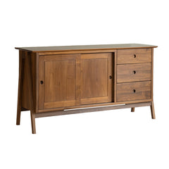 teak sideboard, sliding door buffet, solid wood cabinet, handcrafted teak furniture, minimalist dining storage, artisan wood furniture, wabi-sabi furniture, modern teak buffet, handmade solid wood sideboard