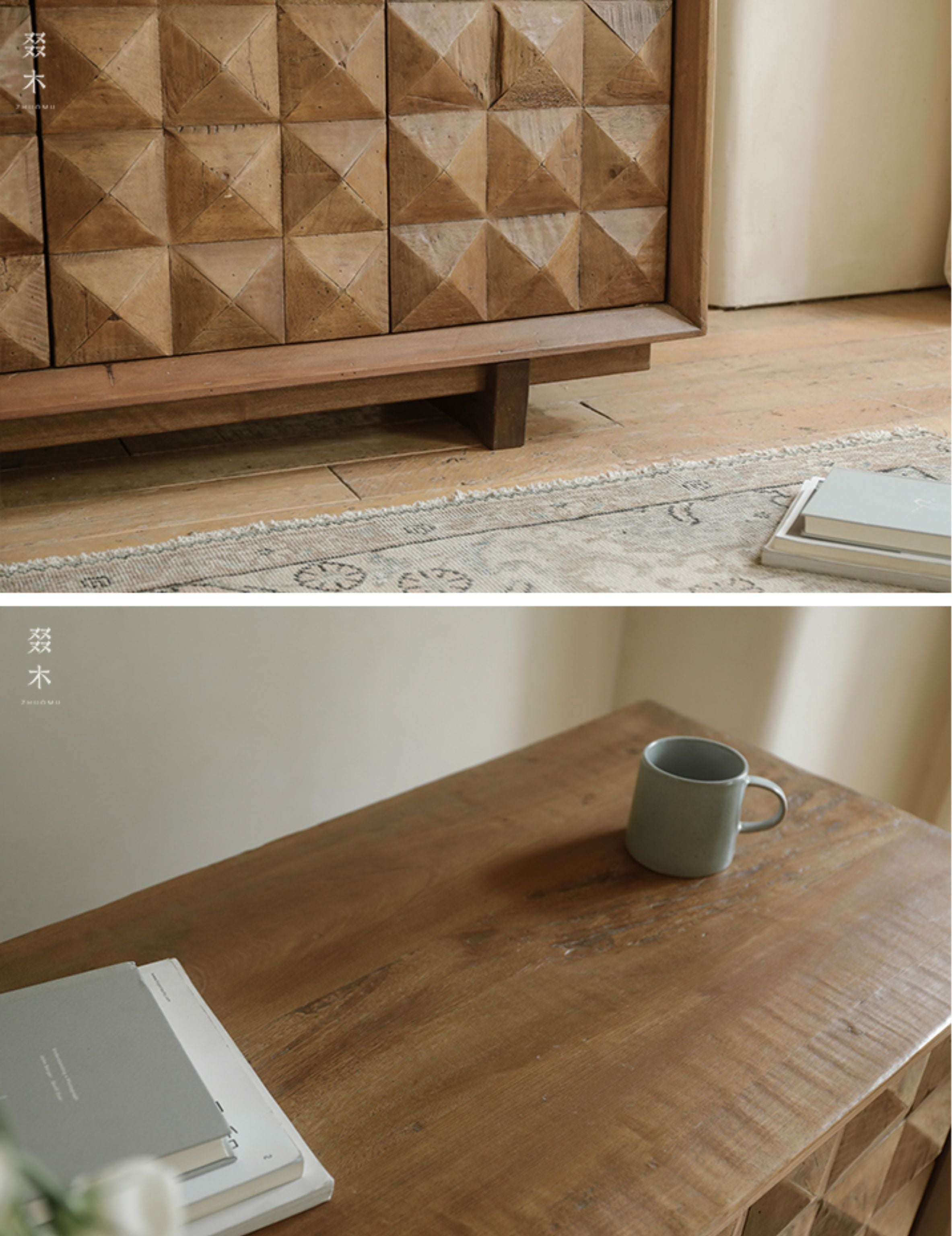 carved wood sideboard, solid wood cabinet, geometric furniture, handcrafted buffet, artisan storage cabinet, minimalist wood furniture, wabi-sabi sideboard, boho home furniture, modern natural wood cabinet