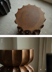 wood side table, solid wood accent table, carved wooden end table, handmade wood furniture, rustic wood nightstand, natural wood decor, modern artisan furniture, wooden pedestal table