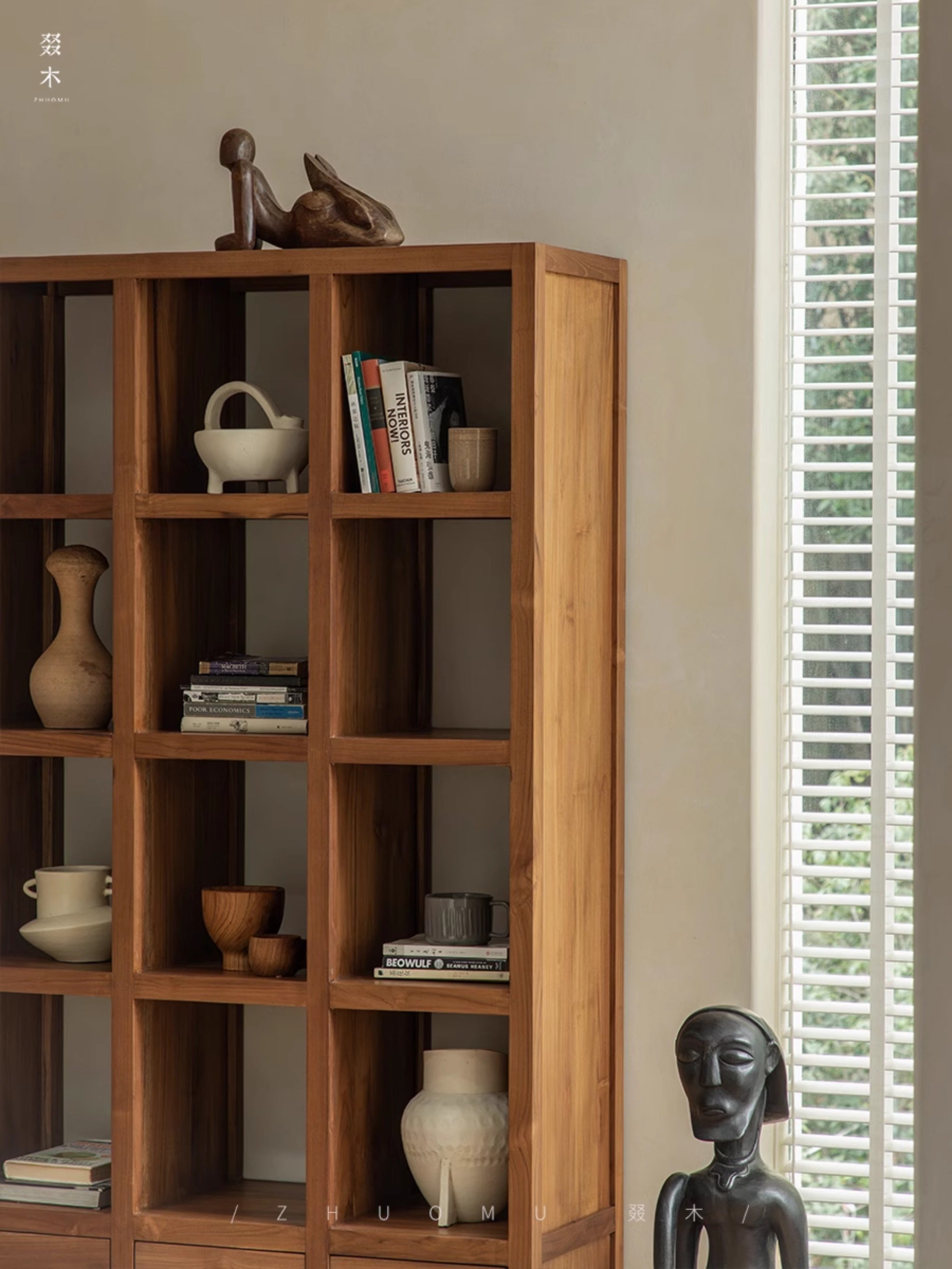 teak display cabinet, solid wood bookshelf, handcrafted teak furniture, natural wood display shelf, artisan wood cabinet, minimalist bookshelf, wabi-sabi furniture, boho wood decor, sustainable teak furniture
