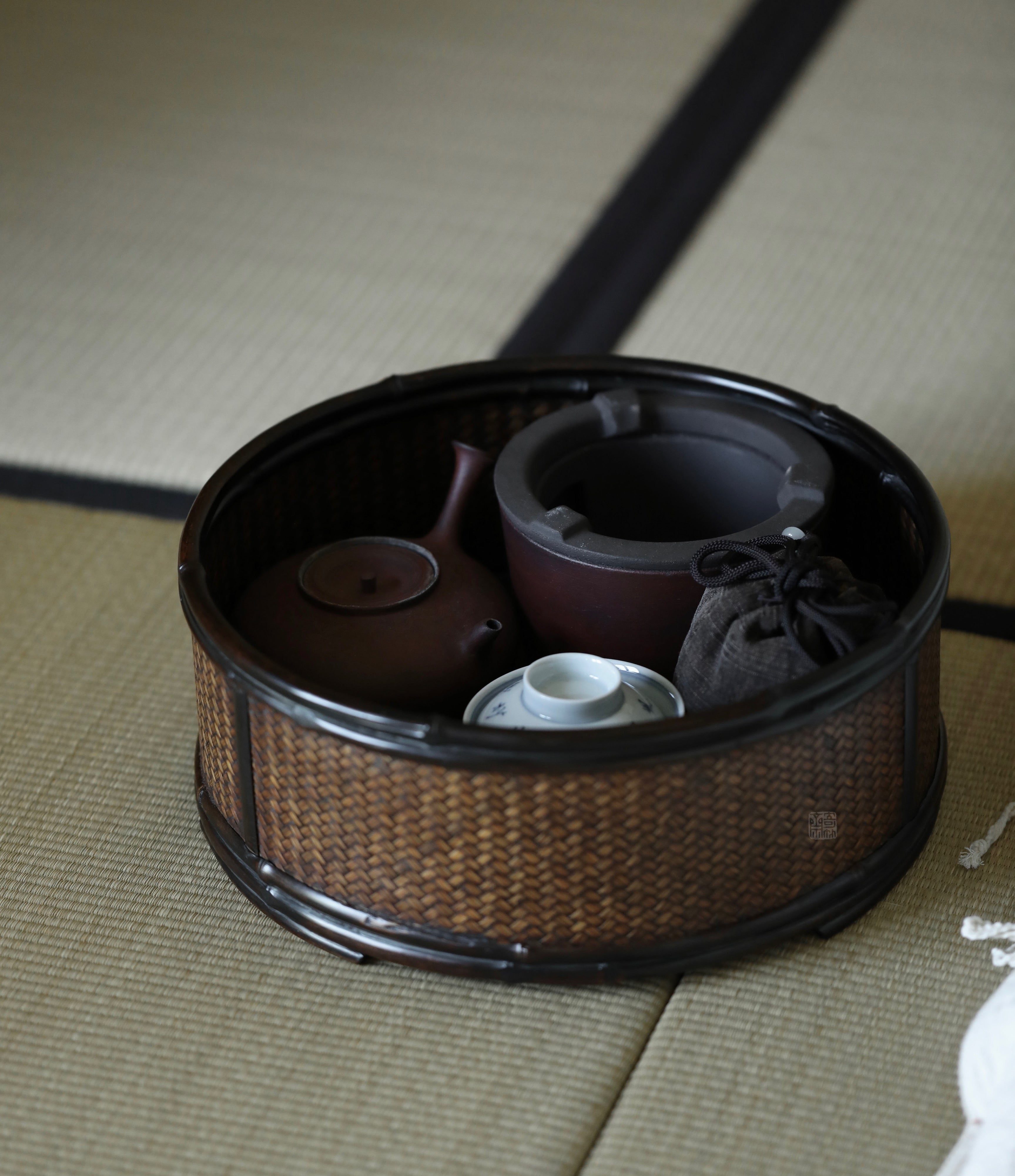 bamboo storage box, woven rattan box, tea accessories organizer, handcrafted bamboo box, purple bamboo decor, handmade tea tool box, wood engraving art, Piexlculpt Studio, natural home accessories