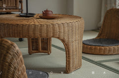 rattan tea set, rattan table and chairs, handwoven rattan furniture, round rattan table, bamboo tea table set, natural rattan decor, japanese tatami furniture, boho rattan furniture, artisan rattan set