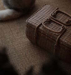 bamboo tea chest, portable tea box, outdoor tea storage, handwoven bamboo case, tea accessory organizer, bamboo picnic chest, oriental tea set box, handcrafted bamboo chest, Piexlculpt tea storage