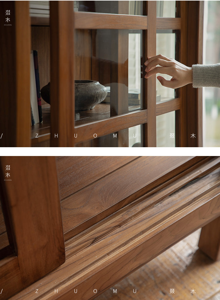 teak glass cabinet, solid wood display shelf, handcrafted teak furniture, glass door cabinet, artisan teak bookcase, minimalist wood furniture, wabi-sabi cabinet, boho wood storage, japanese scandi furniture