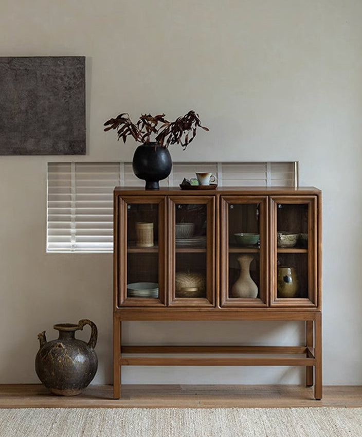 teak glass cabinet, high-leg display cabinet, solid wood showcase, handcrafted teak furniture, artisan wood cabinet, minimalist glass cabinet, wabi-sabi furniture, vintage teak display case, japanese scandi teak