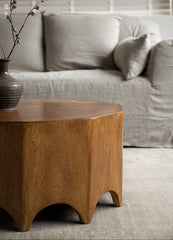 solid wood side table, handcrafted accent table, octagon round table, natural wood furniture, sculptural coffee table, wabi-sabi furniture, minimalist teak side table, artisan wooden table, japanese scandi furniture