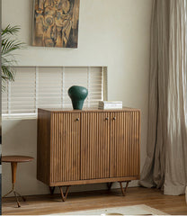 fluted wood cabinet, teak sideboard, handcrafted teak furniture, solid wood buffet, vertical groove cabinet, minimalist teak furniture, artisan wood furniture, wabi-sabi cabinet, boho teak sideboard, japanese scandi furniture