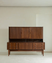 mid century teak sideboard, tambour door cabinet, solid wood credenza, handcrafted teak furniture, mcm buffet, designer teak cabinet, vintage teak sideboard, roll door wood cabinet, handmade solid wood furniture