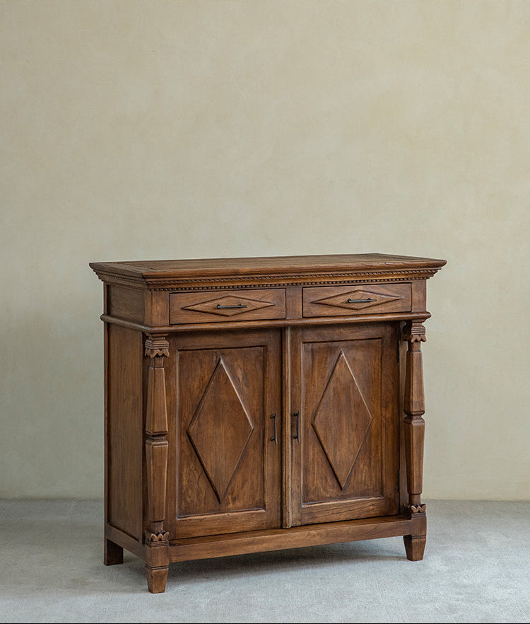 vintage teak cabinet, handcrafted solid wood console, antique style furniture, teak storage cabinet, artisan wood furniture, colonial style sideboard, wabi-sabi furniture, boho teak console, handmade teak cabinet