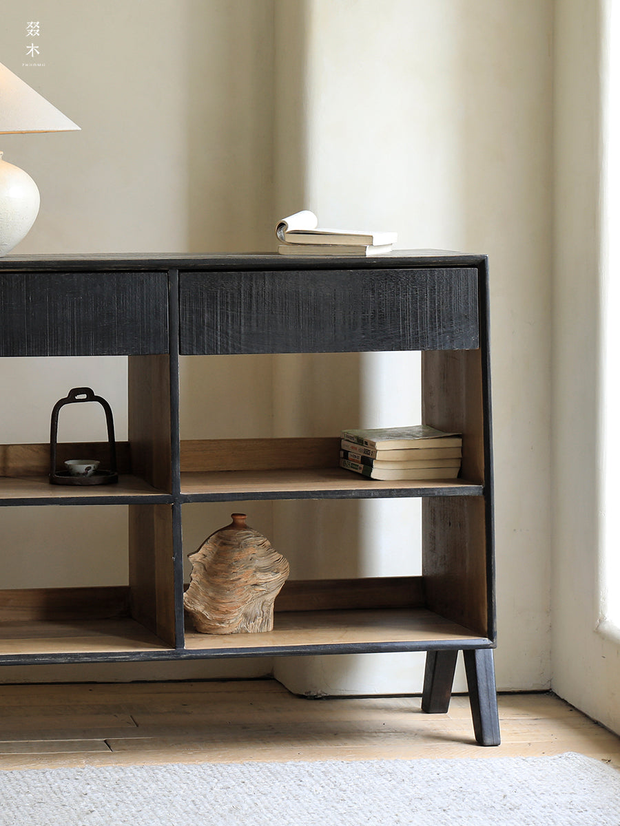 black teak furniture, carbonized sideboard, wabi sabi cabinet, minimalist furniture, carbonized teak console, handcrafted black wood sideboard, japanese zen furniture, piexl sculpt studio
