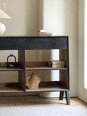 black teak furniture, carbonized sideboard, wabi sabi cabinet, minimalist furniture, carbonized teak console, handcrafted black wood sideboard, japanese zen furniture, piexl sculpt studio