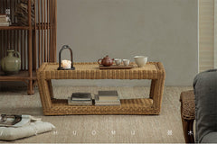 rattan coffee table, rattan tea table, handwoven rattan furniture, bamboo table, natural rattan decor, double layer coffee table, japanese wabi-sabi furniture, handcrafted rattan table, boho living room decor