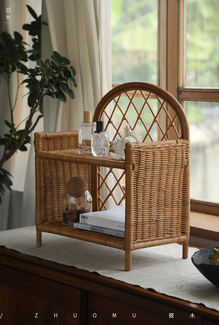 rattan shelf, rattan storage rack, handwoven rattan organizer, bamboo shelf, natural rattan furniture, double layer rack, vintage rattan decor, handcrafted rattan shelf, boho home organizer, artisan rattan storage