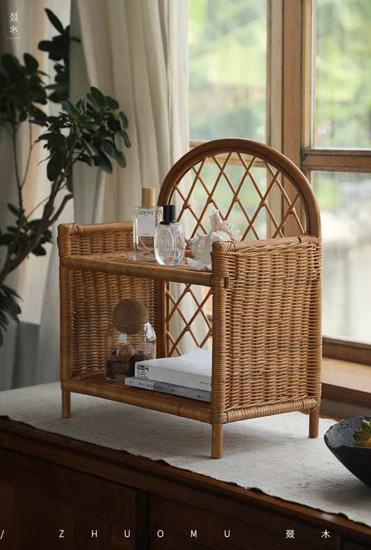 rattan shelf, rattan storage rack, handwoven rattan organizer, bamboo shelf, natural rattan furniture, double layer rack, vintage rattan decor, handcrafted rattan shelf, boho home organizer, artisan rattan storage