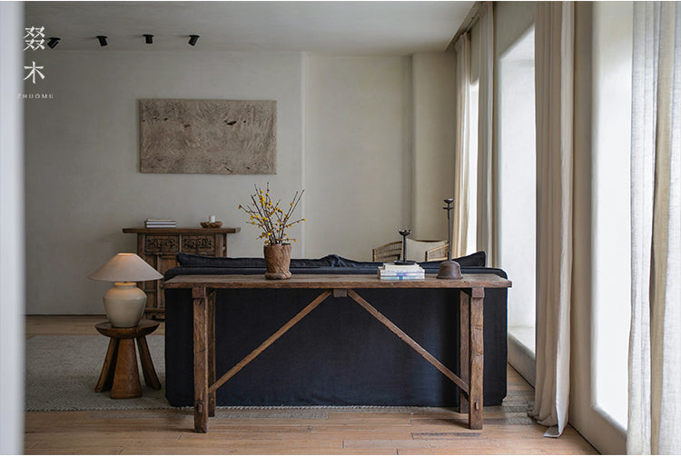 nami console table, long wood table, wabi sabi furniture, japanese minimalist furniture, solid wood entryway table, handcrafted long table, zen furniture, piexlculpt studio, rustic teak console, japanese style hallway table