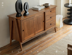 teak sideboard, sliding door buffet, solid wood cabinet, handcrafted teak furniture, minimalist dining storage, artisan wood furniture, wabi-sabi furniture, modern teak buffet, handmade solid wood sideboard