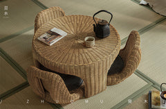 rattan tea set, rattan table and chairs, handwoven rattan furniture, round rattan table, bamboo tea table set, natural rattan decor, japanese tatami furniture, boho rattan furniture, artisan rattan set